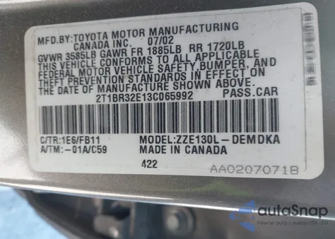 2003 Toyota Corolla Ce z USA, uszkodzony, nr VIN 2T1BR32E13C065992